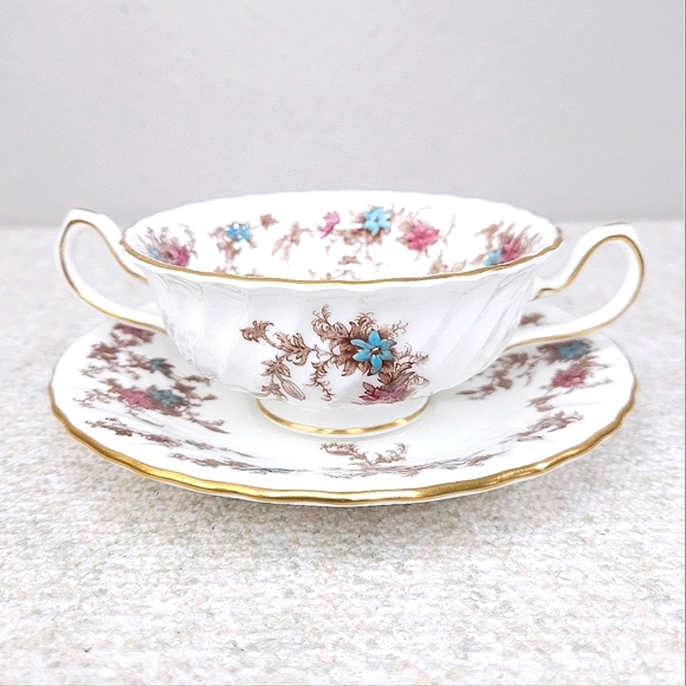 Vintage Minton Ancestral Bone China Floral Cream Soup Bowl & Underplate